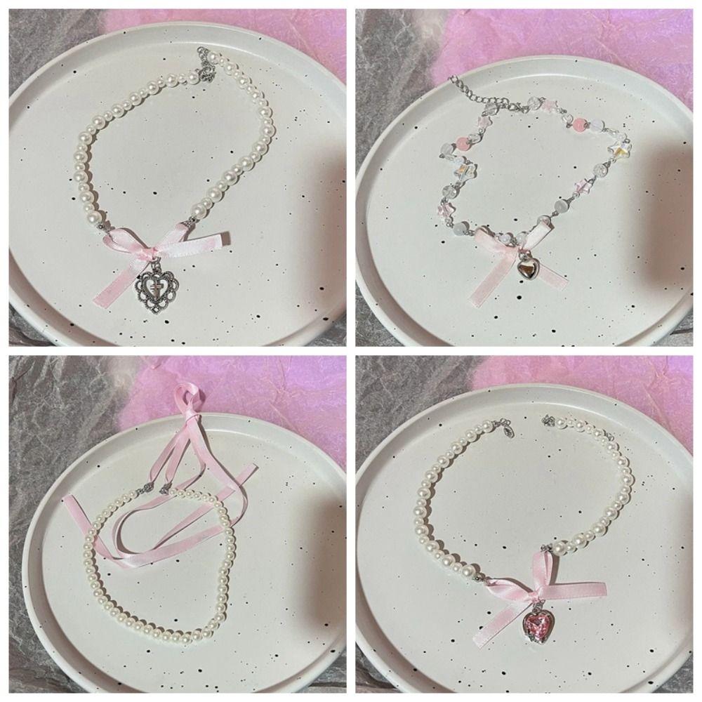 Korean Style Bowknot Pendant Choker Zircon Balletcore Choker Temperament Pink Bow Necklace  Wedding