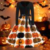 Women Casual Halloween Print V Neck Vintage Dress Long Sleeve Fit Flared Waist Tie Retro Style Swing Skirt Dress