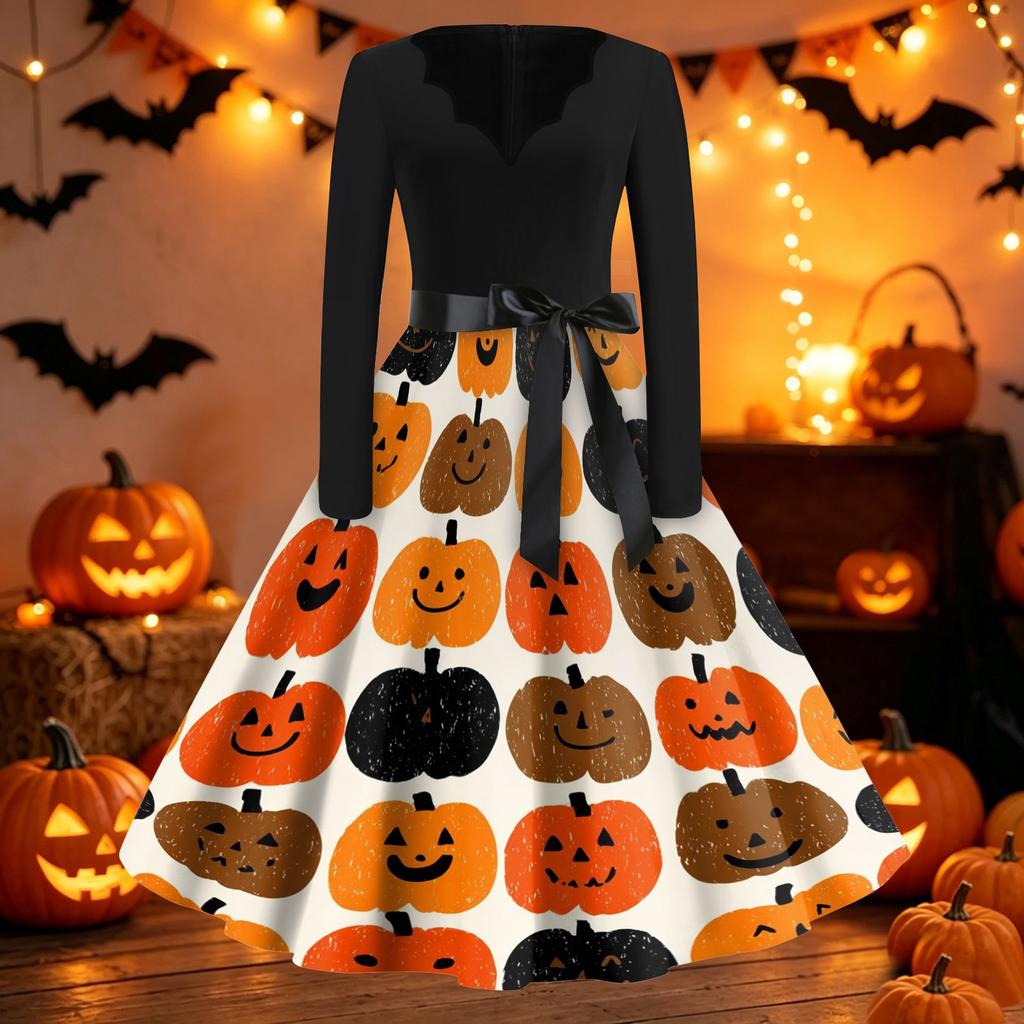 Women Casual Halloween Print V Neck Vintage Dress Long Sleeve Fit Flared Waist Tie Retro Style Swing Skirt Dress