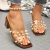 Модная женская обувь Новые шлепанцы из искусственной кожи с жемчужным декором Женские летние сандалии на высокой платформе и высоком каблуке Женские модные шлепанцы с прозрачной перемычкой