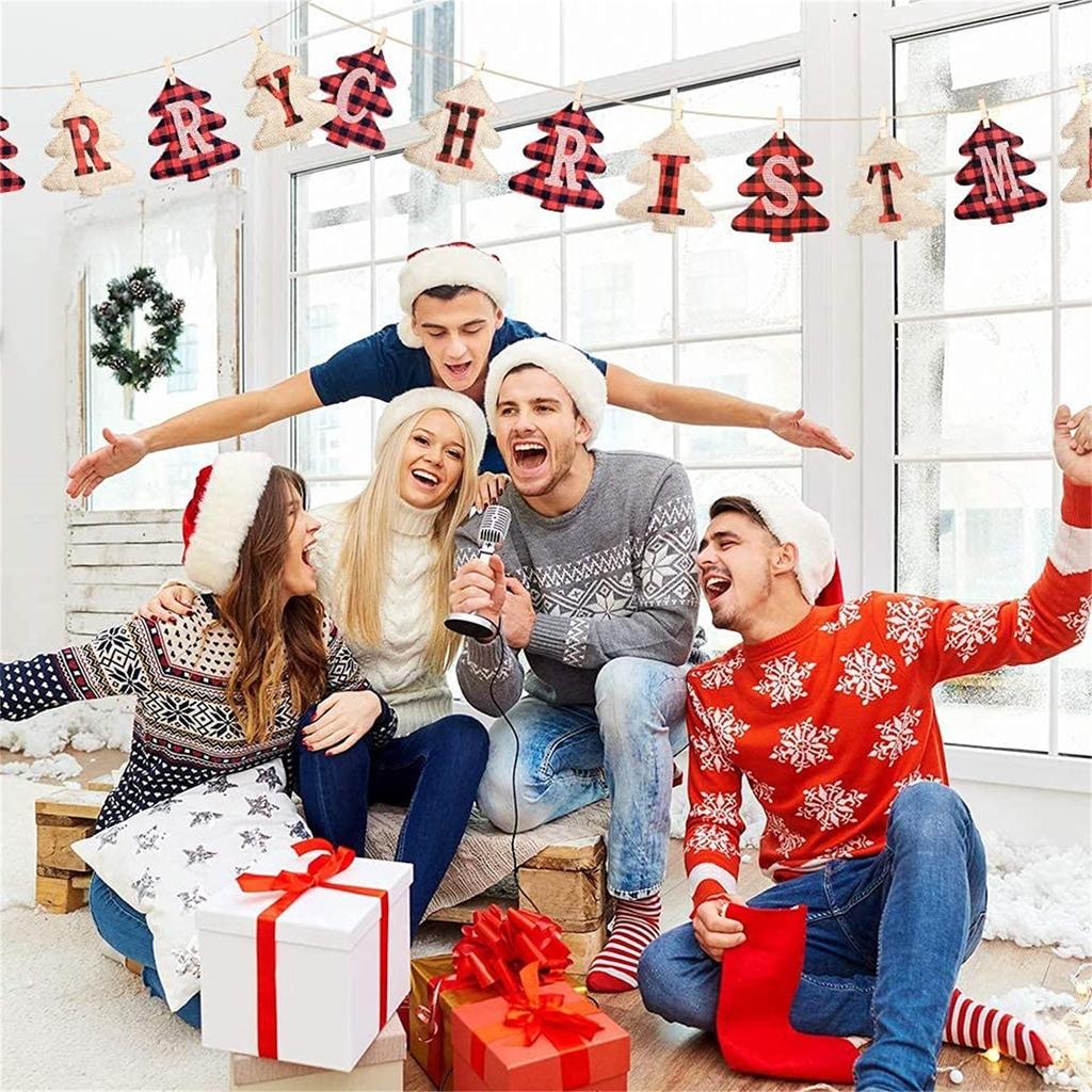 Рождественский баннер Счастливого Рождества Буффало Клетчатый Дерево Рождественское украшение Сцена Настенный подвес Праздничный декор для дома и вечеринки