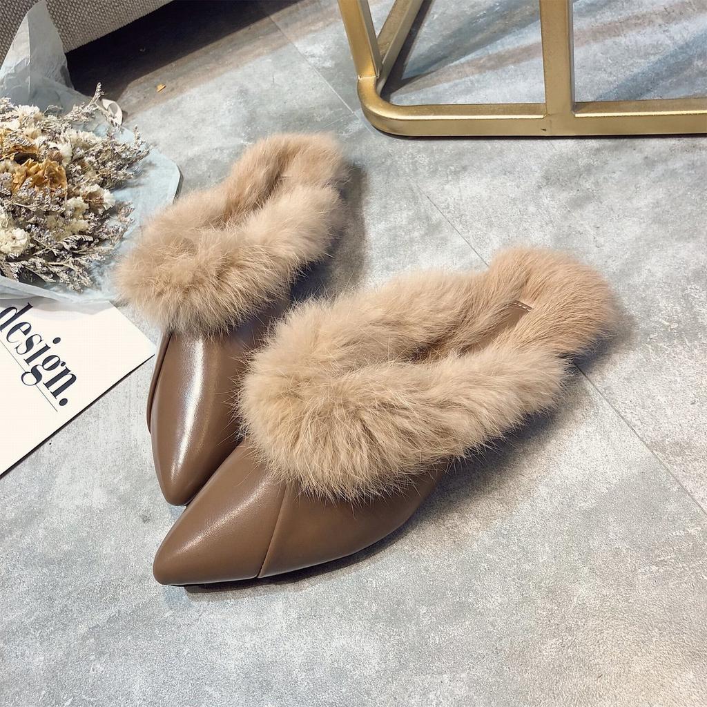 Модные мягкие меховые полутапочки женские 2024 осень зима искусственная кожа квадратный каблук теплые плюшевые тапочки женские плоские мюли из искусственного меха шлепанцы обувь