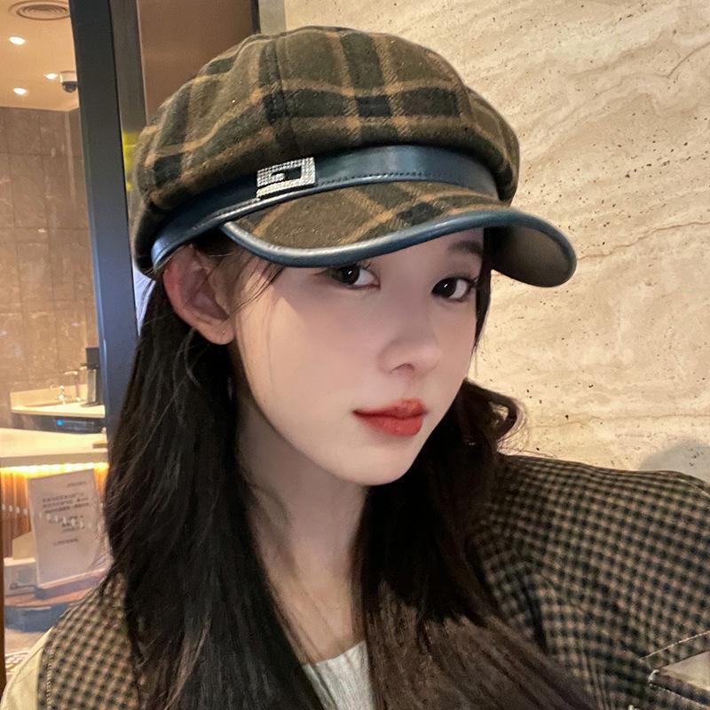 Женский зимний клетчатый шерстяной восьмиугольный берет