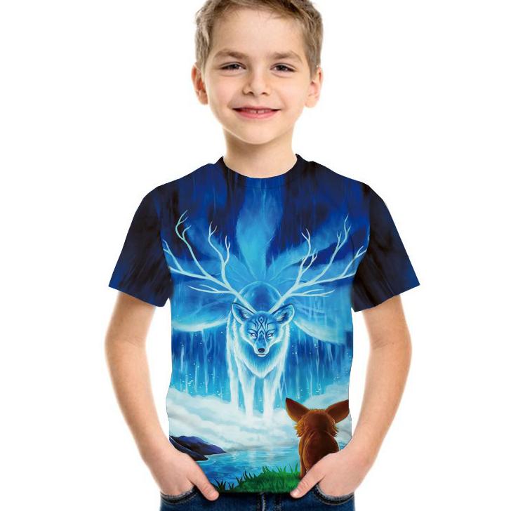 Summer Wolf Fashion 3D T Shirt Funny Animal Children Tee Shirts Casual Deer Short Sleeve Cartoon Kids Top Boys Girls