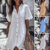 Women Shirt Lapel Short Sleeve Casual Commuter Style Shirt Solid Color Loose Fit Buttons Placket Work Shirt