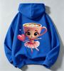Children's hooded sweatshirt, cartoon pink coffee cup ballet-style hand-held heart-print long-sleeved fleece pullover hoodie