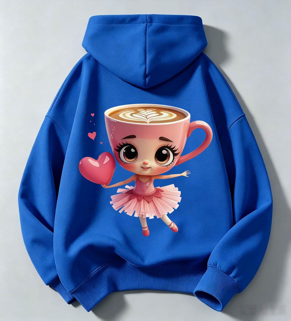 Children's hooded sweatshirt, cartoon pink coffee cup ballet-style hand-held heart-print long-sleeved fleece pullover hoodie