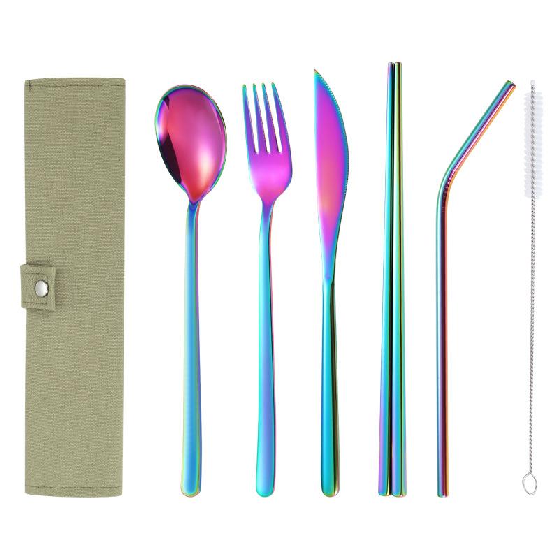 Наборы столовых приборов из нержавеющей стали 304, переносная сумка для столовых приборов, нож, вилка, ложка, палочки для еды, соломинка, полные наборы, 6 шт.