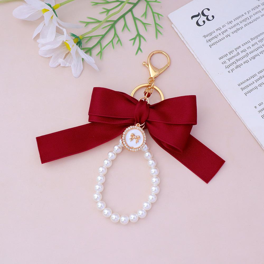 Handmade Bowknot Keychains Fabric Ribbon Headphone Case Accessories Creative Pearl Bow Keychain