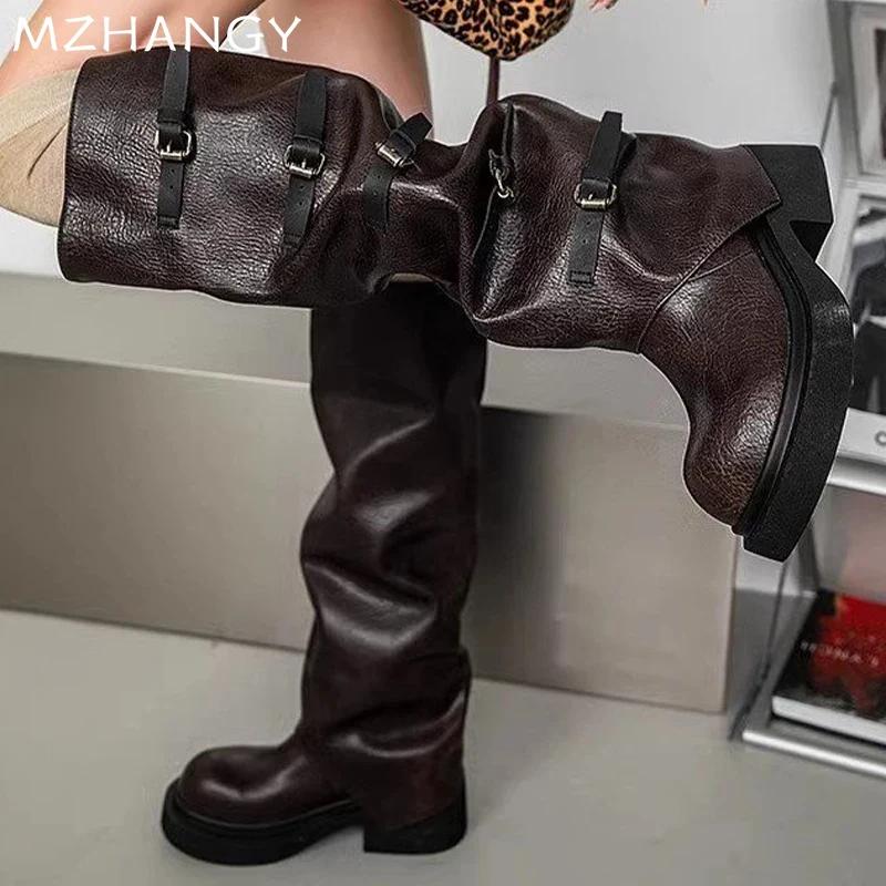 Модные женские сапоги на среднем каблуке, дизайнерские кожаные массивные туфли, женские, тренд 2024 года, новые ботинки челси, туфли-лодочки, зимние готические женские снежные ботинки