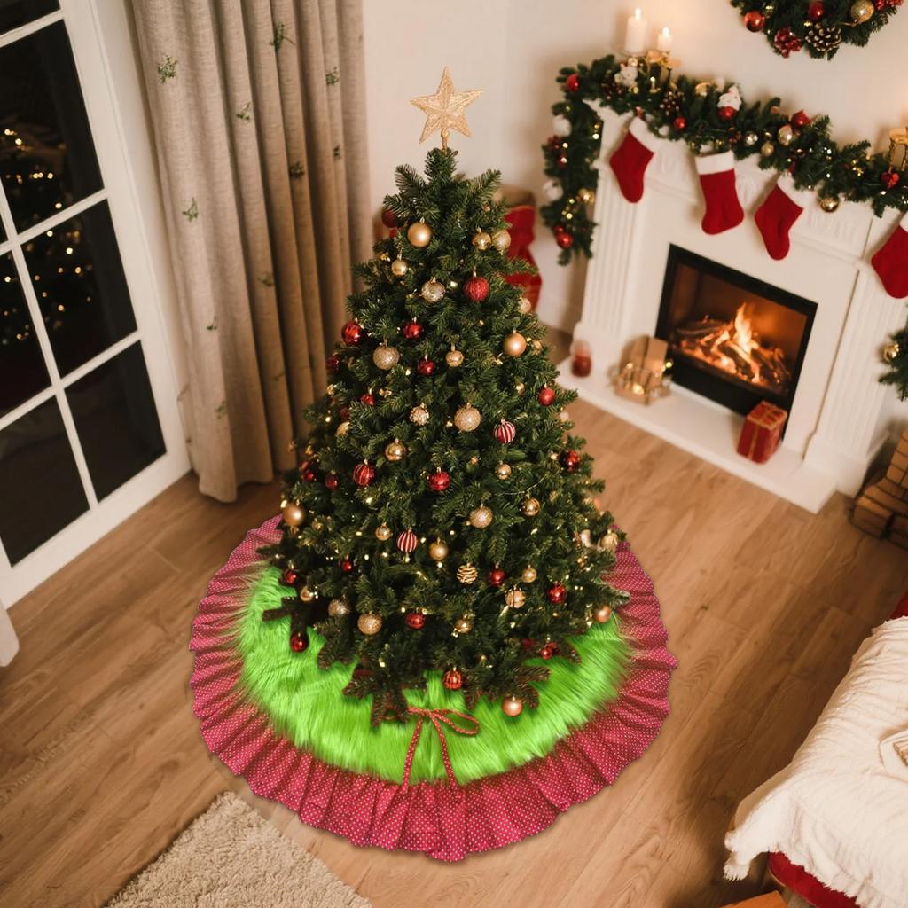 Red And Green Christmas Tree Skirt Furry Plush Christmas Tree Skirts Holiday Glittering Dot Mat Faux Round Carpet For Home Xmas Party Decor