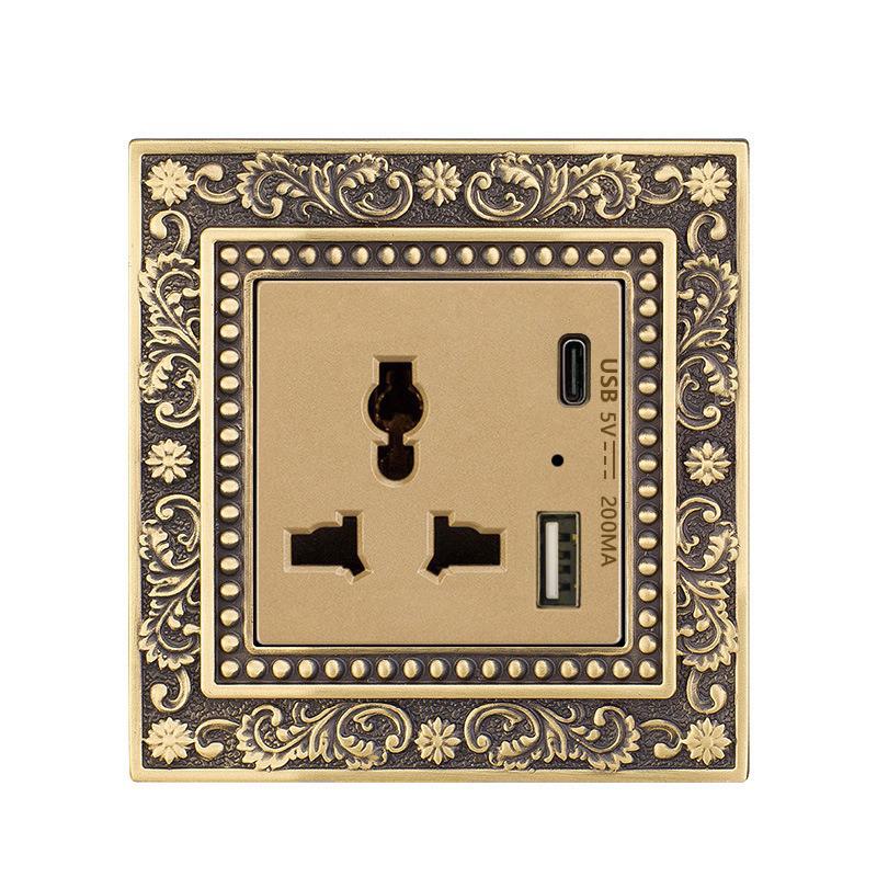 Luxury European Retro Metal Button Switch panel,EU France Standard Copper Wall socket,Universal Light Home Switch Power Outlet