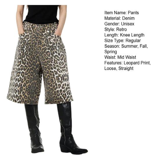 Джинсовые брюки унисекс с леопардовым принтом, свободные прямые ретро со средней талией на молнии и пуговицах длиной до колена для вечеринки