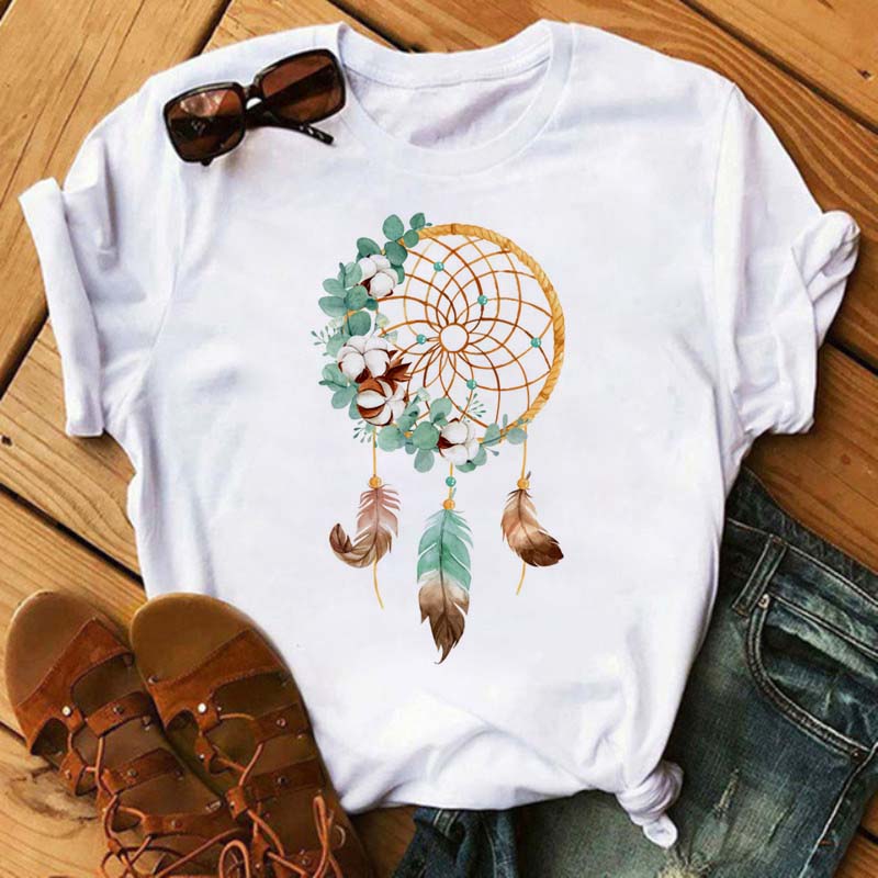 Fashion Feather Dreamcatcher T Shirt Women Harajuku Graphic Tees Shirt Femme Dream Catcher Women's T-shirt Clothes Tops