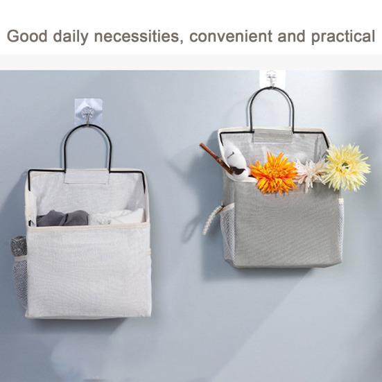 Storage Hanging Bag Large Capacity with Mesh Pocket Multi-functional Bedside Cotton Linen Organising Storage Bag