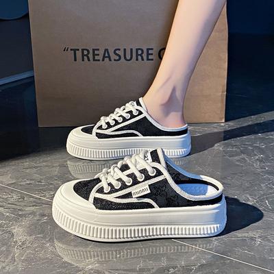 Баотоу полутапочки женские для улицы 2025 лето новые универсальные ленивые платформа холст маленькие белые крутые тапочки сандалии