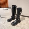Ins Style Metal Buckle Real Leather Women Motorcycle Boots Vintage Autumn Winter Gothic Platform Knee-high Boots Shoes