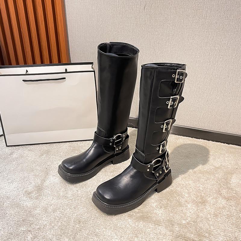 Ins Style Metal Buckle Real Leather Women Motorcycle Boots Vintage Autumn Winter Gothic Platform Knee-high Boots Shoes