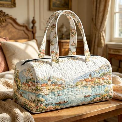 Quilted Travel Handbag Alpine Lakeside Town Print Weekend Bag Bohemian Leisure Travel Fitness Bag Watercolor Style Lake and Mountain Village Graphic