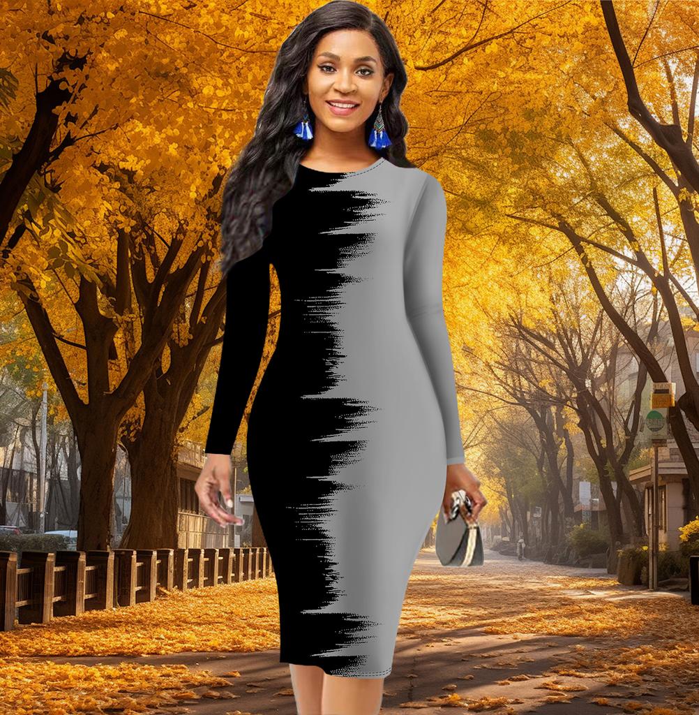 Длинный рукав, облегающее, офисное, облегающее, двухцветное, с принтом, элегантное, облегающее платье