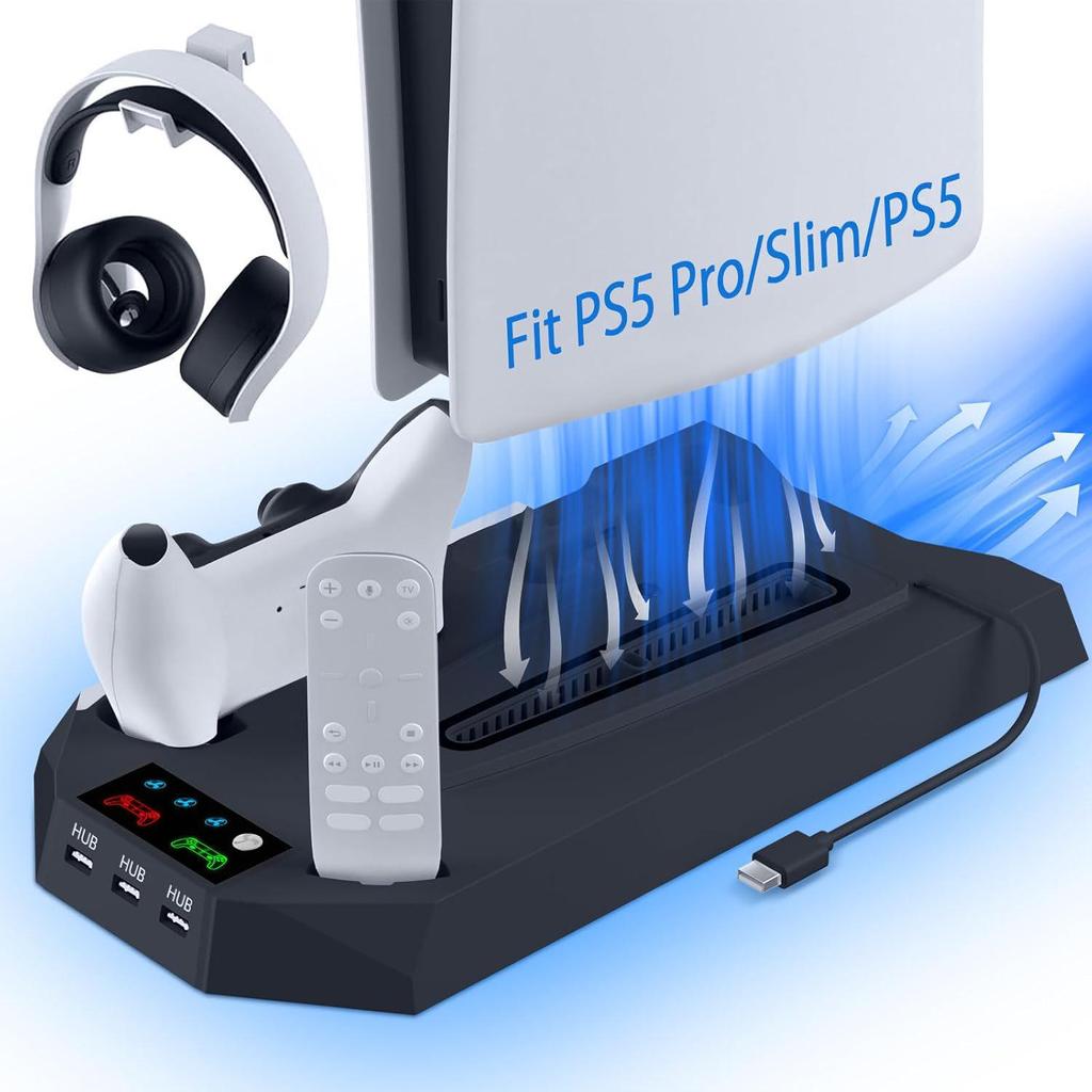 Подставка для охлаждения и зарядки консоли PS5/Slim/Pro с двухфункциональным вентилятором
