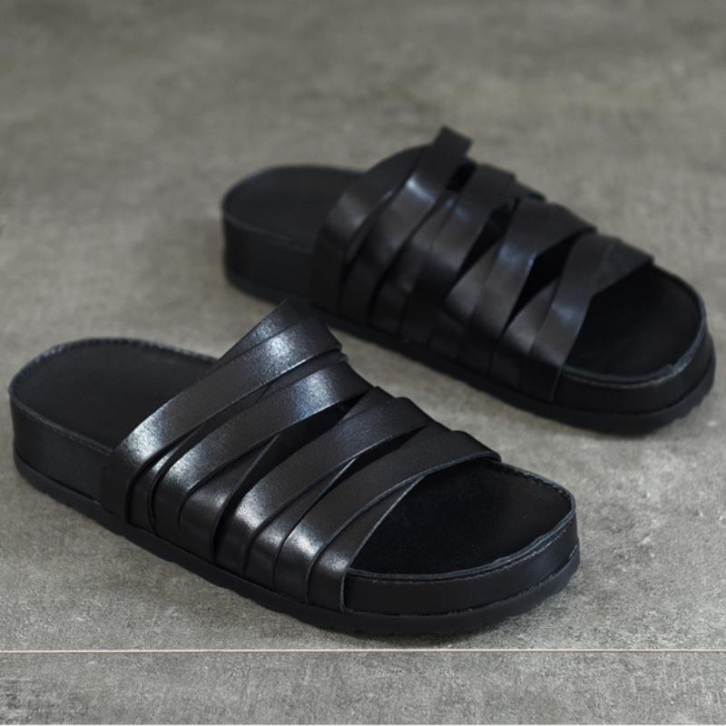 Johnature Retro Roman Slippers Women's Flat Bottom Genuine Leather Versatile Outgoing Slippers