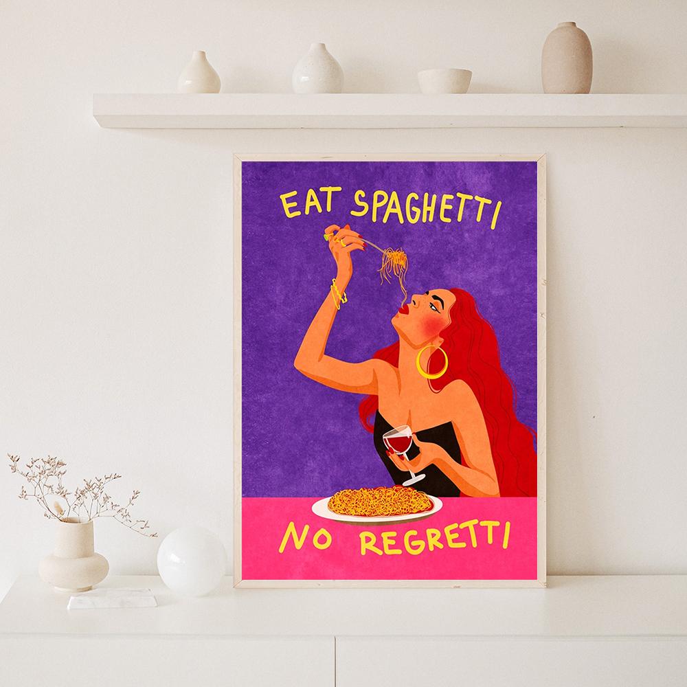 Ретро Всегда Цветы Настенная Печать Цветной Банан Горячая Яичница Иллюстрация Абстрактный Плакат Ешь Спагетти Кухня Картина На Холсте