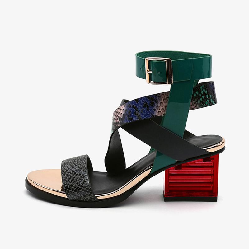 2024 Новые женские сандалии-гладиаторы, разноцветные, с перекрестными ремешками, прозрачный квадратный каблук, узкие ремни из натуральной кожи, женские сандалии
