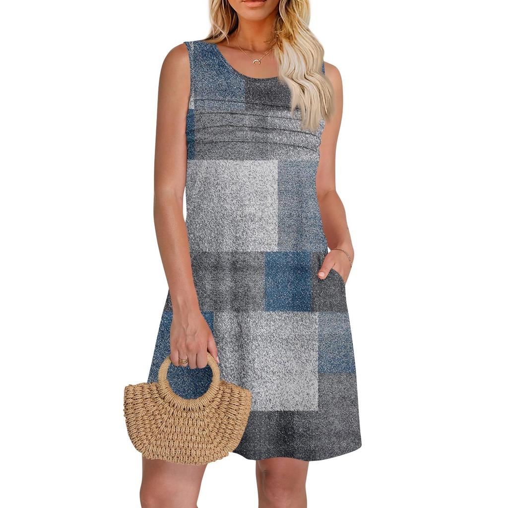 Женские летние платья с круглым вырезом, плиссировкой спереди, без рукавов, карманами, сарафаном, повседневным платьем