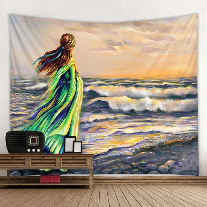 Ретро картина маслом пляжный узор гобелен украшение стены дома гобелен спальня гостиная гобелен