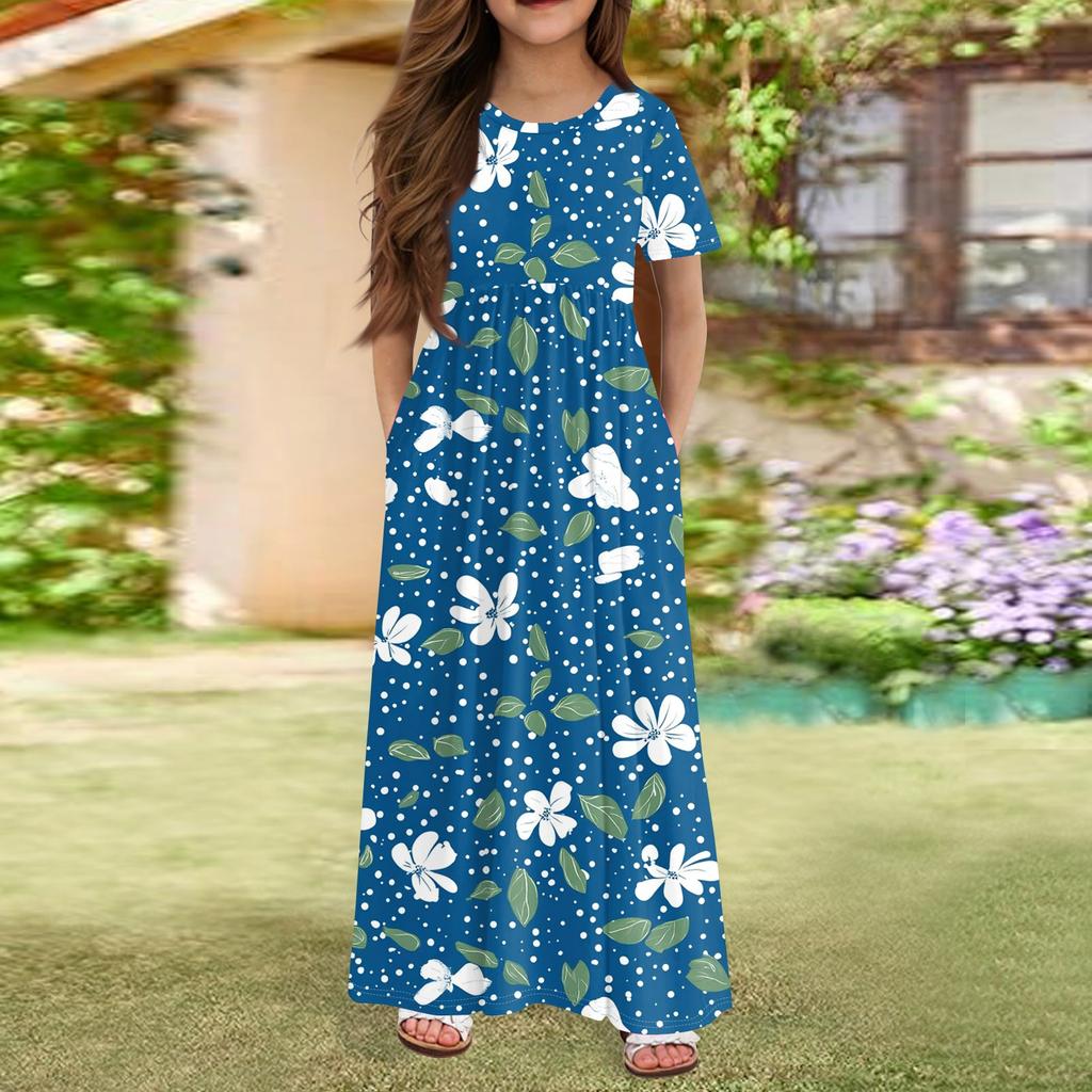 Длинное летнее платье для девочек - платье макси с короткими рукавами и карманами для детей 4-14 лет