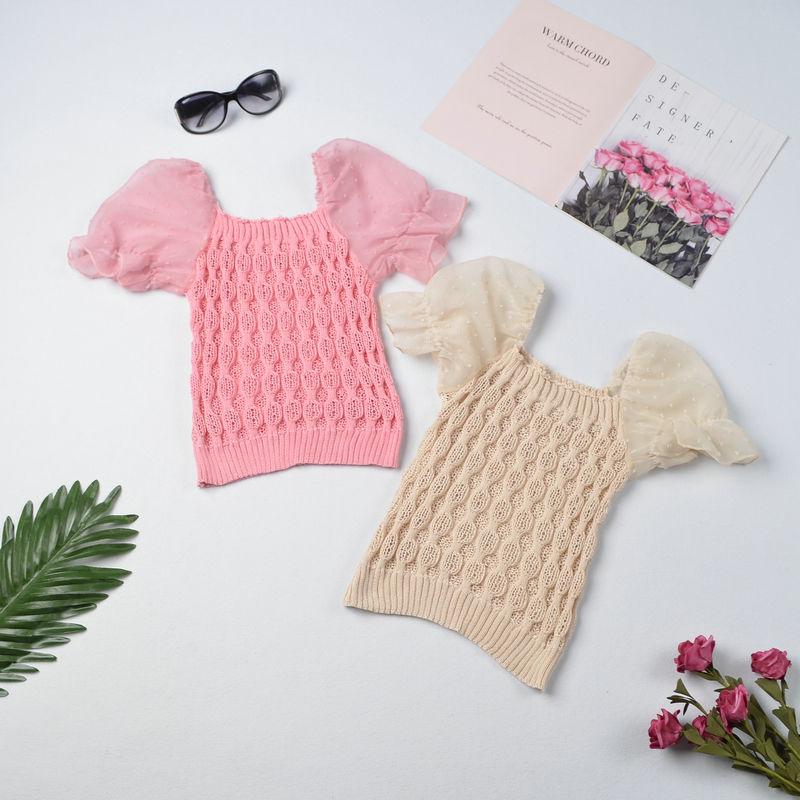 2025 Summer Women's French Square Neck Hollow-Out Puff Sleeve Knit Top