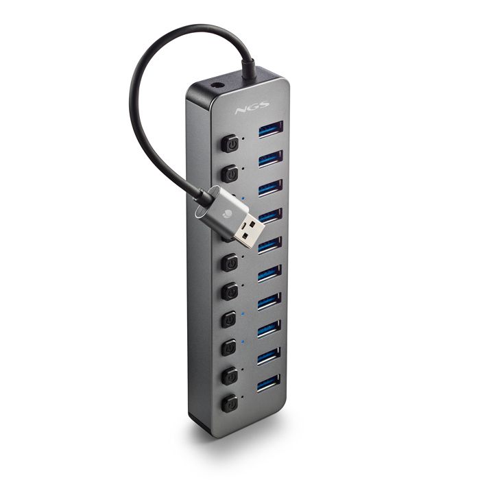 NGS IHUB 10 : Hub 10 Ports USB 3.0, Transfert 5Gbps, Câble 180mm, Plug & Play, Noir