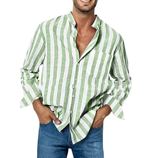 Men Shirt Long Sleeve Stand Collar Loose High Elasticity Casual Dress-up Stripe Printing Striped Shirts Casual Linen Buckle Top for Dating