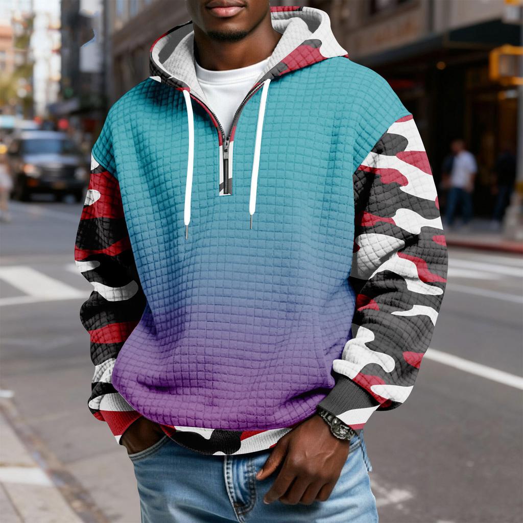 Мужской худи-пуловер в клетку с капюшоном на молнии до середины, со шнурком и принтом, повседневная спортивная толстовка