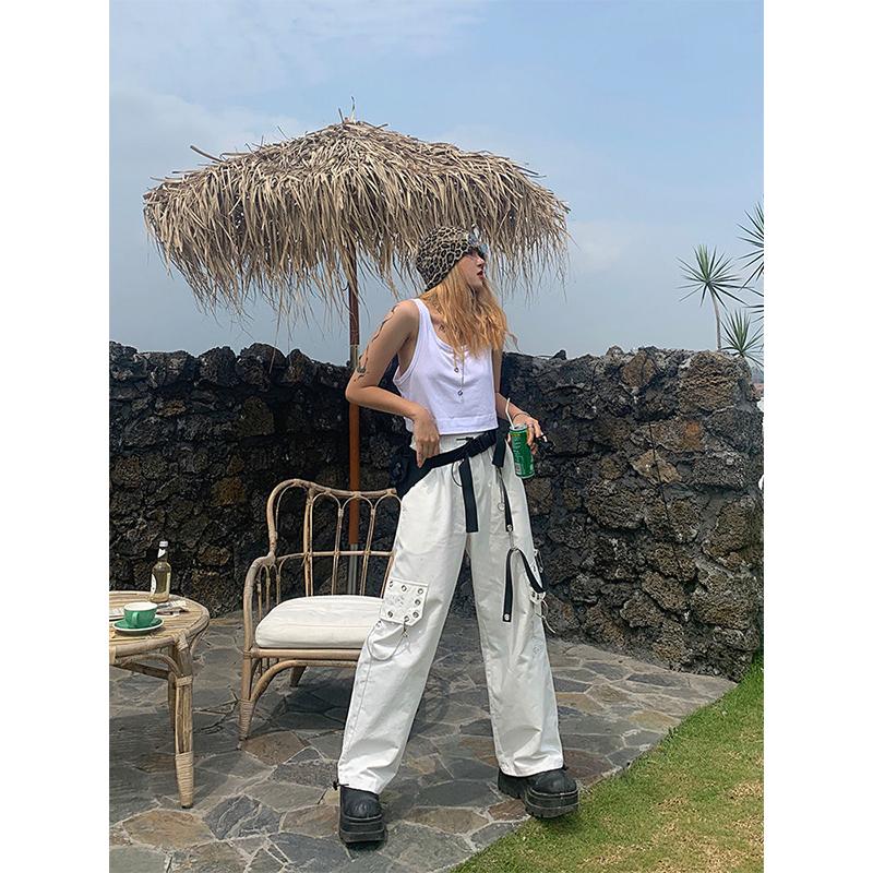 Черные брюки-карго в стиле Харадзюку, женские брюки-карго в готическом стиле с цепочкой, белые широкие брюки, женские хиппи, уличный стиль, эмо-торговый центр, гот