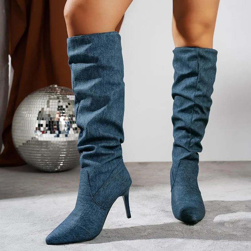 Модные туфли 2024 года, женские сапоги до колена, женские сапоги больших размеров, современные сапоги, женские сшитые, с острым носком, на высоком тонком каблуке, женские туфли