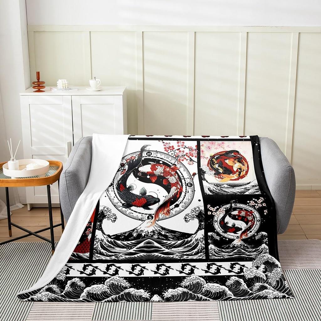 Feelyou Koi Fish Fleece Throw Blanket x Japanese Wave Cherry Blossoms Ocean Plaid Flannel Plush Fuzzy for Bed Couch Chair Living