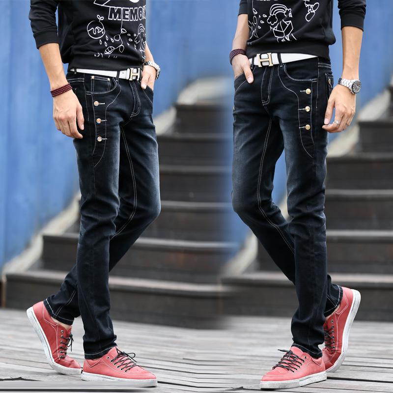 Мужские джинсы, простые тонкие корейские версии брюк с эластичной резинкой, молодежная мода, джинсовая ткань