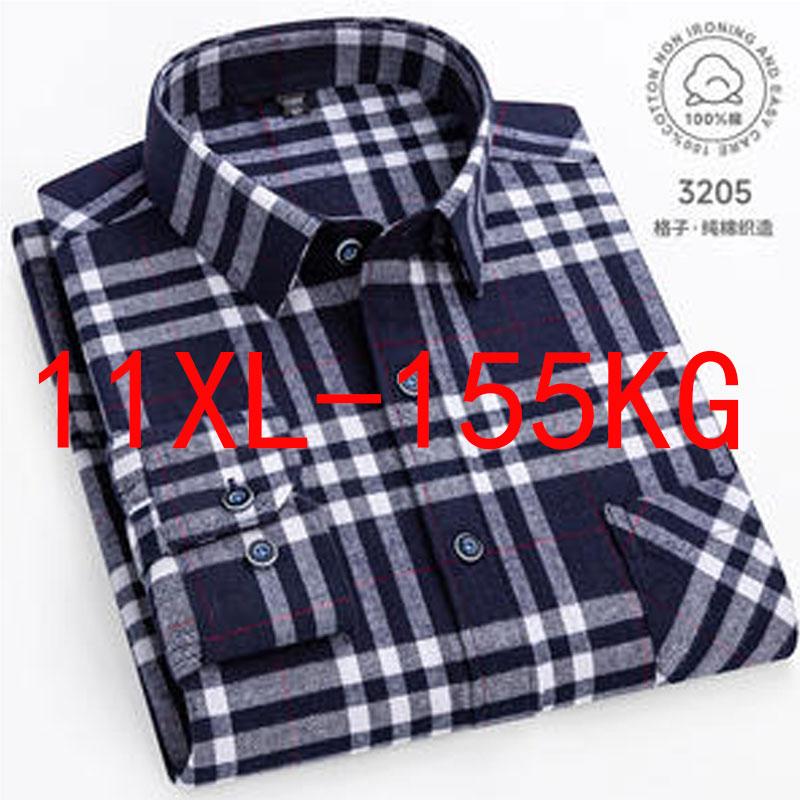 10XL 11XL 100% хлопок Осень Зима Рубашка для полных мужчин Длинный рукав высокое качество шерсть модная клетчатая повседневная немнущаяся