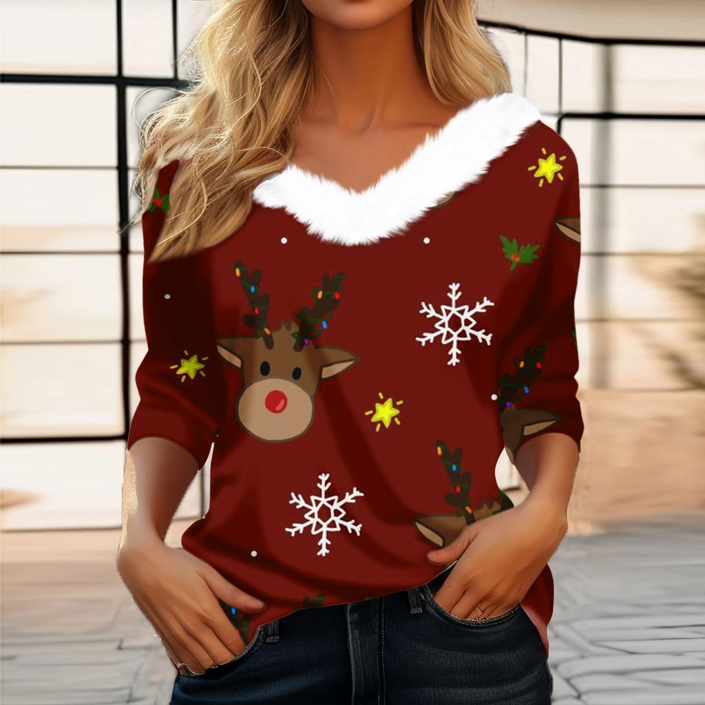 Женская мода с длинным рукавом и рождественским принтом, праздничный воротник, V-образный вырез