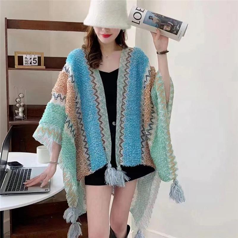 Ethnic Style Knitted Poncho Cape Vintage Bohemian Tassel Cloak Warm Shawl Travel Coat Cardigan Sweater