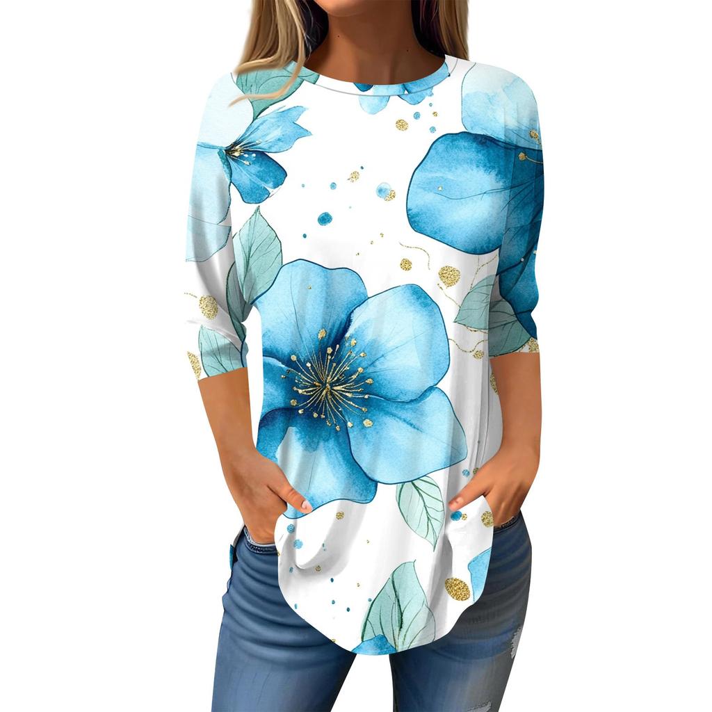 Рубашки с рукавом 3/4 для женщин, милые топы, футболки с рисунком, блузки, повседневные базовые топы больших размеров, пуловеры