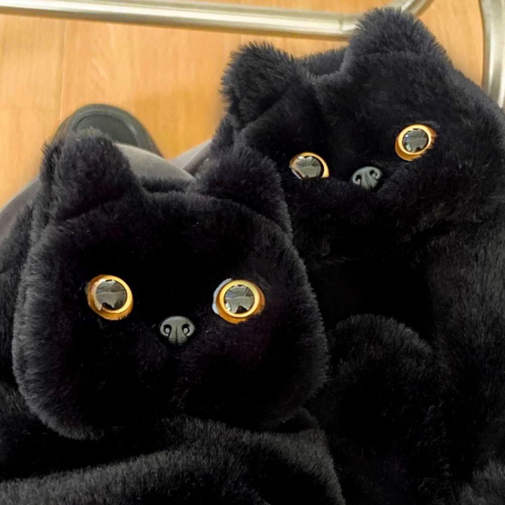 Cartoon Black Cat Fur Gloves Cute Cat Halter Gloves Soft Kitty Mitten  Riding