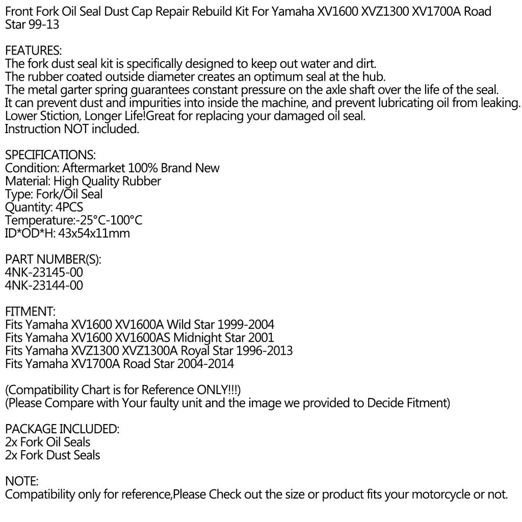 Fork Seal Wiper Kit for Yamaha XV1600 XV1700 ROAD STAR XVZ1300 ROYAL STAR 96-14