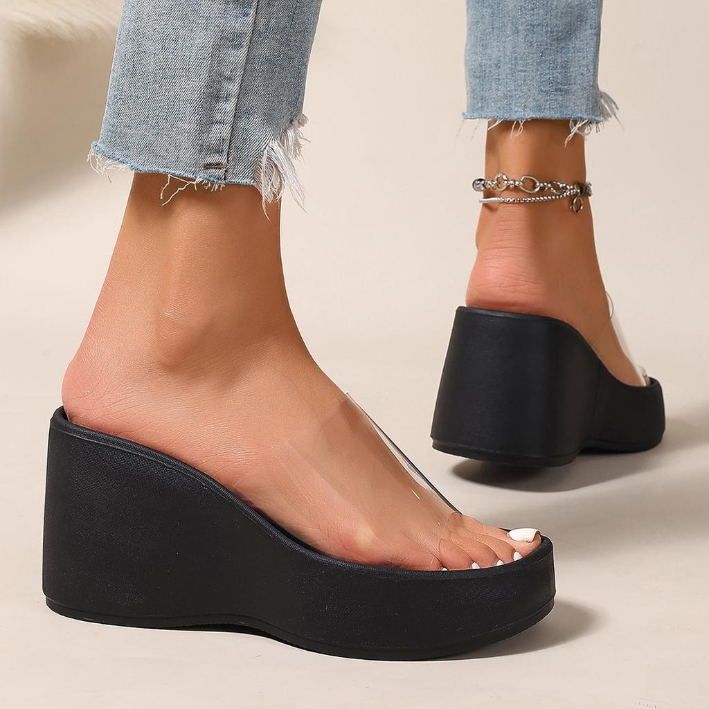 Transparent High-heeled Thick-soled One-word Slippers for Women's Outer Wear, New Summer Silver Heightened Slope Heel Beach Sandals