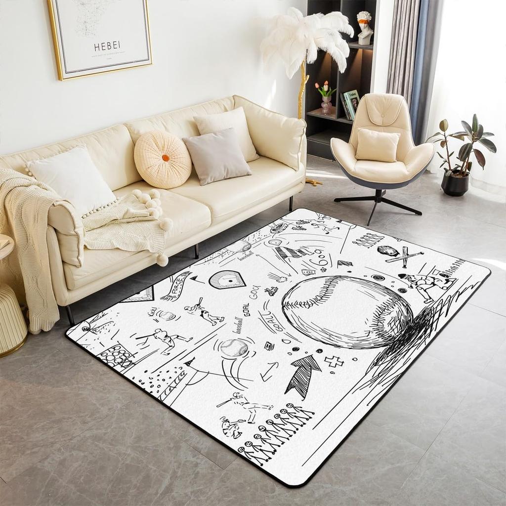 Erosebridal Baseball Area Rug 3x5, Ball Sports Rectangular Carpet for Living Room Bedroom, Vintage Laces Games Printed Kids Girls Washable I