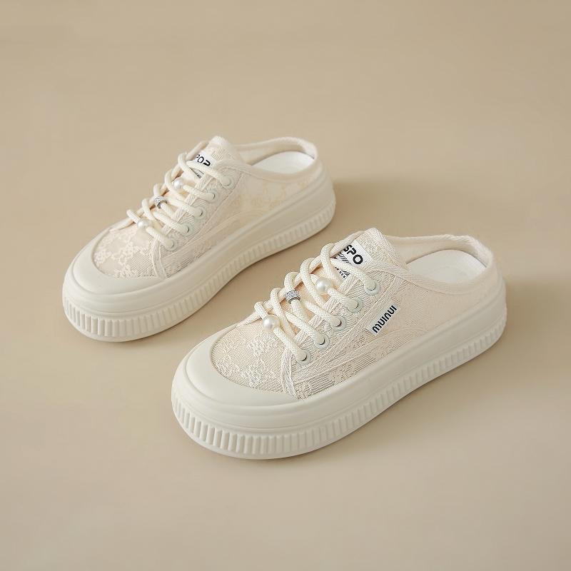 CRLAYDK Summer Women's Lace Comfortable Slip On Mules Mesh Skate Slippers Ladies Backless Slide Loafers Casual Platform Shoes