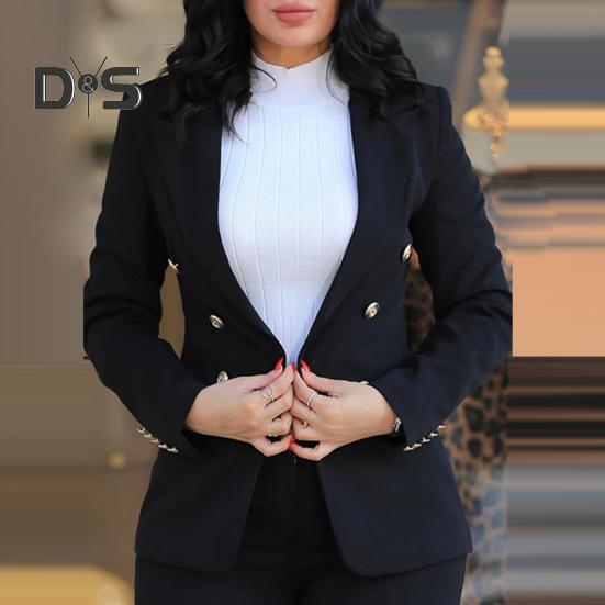 2 Pcs/Set Women Coat Pants Suit Double-breasted Long Sleeve Cadigan Lapel Jacket High Waist Button Zipper Closure Slim Fit Pants Lady OL Commute