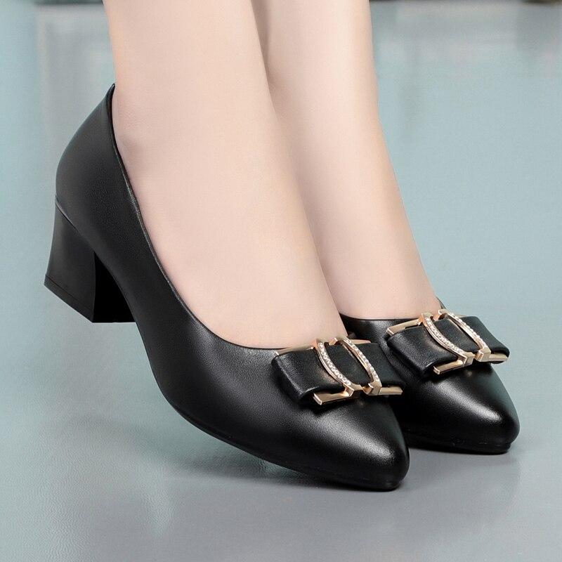 Женская обувь, осенняя женская рабочая обувь на среднем каблуке, профессиональная женская обувь для вечеринок из натуральной кожи с острым носком